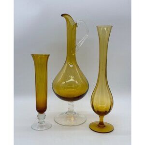 Vtg. Lot of 3 Amber/Gold Hand Blown Glass Lg Ewer w/applied Clear Handle & 2 Vas